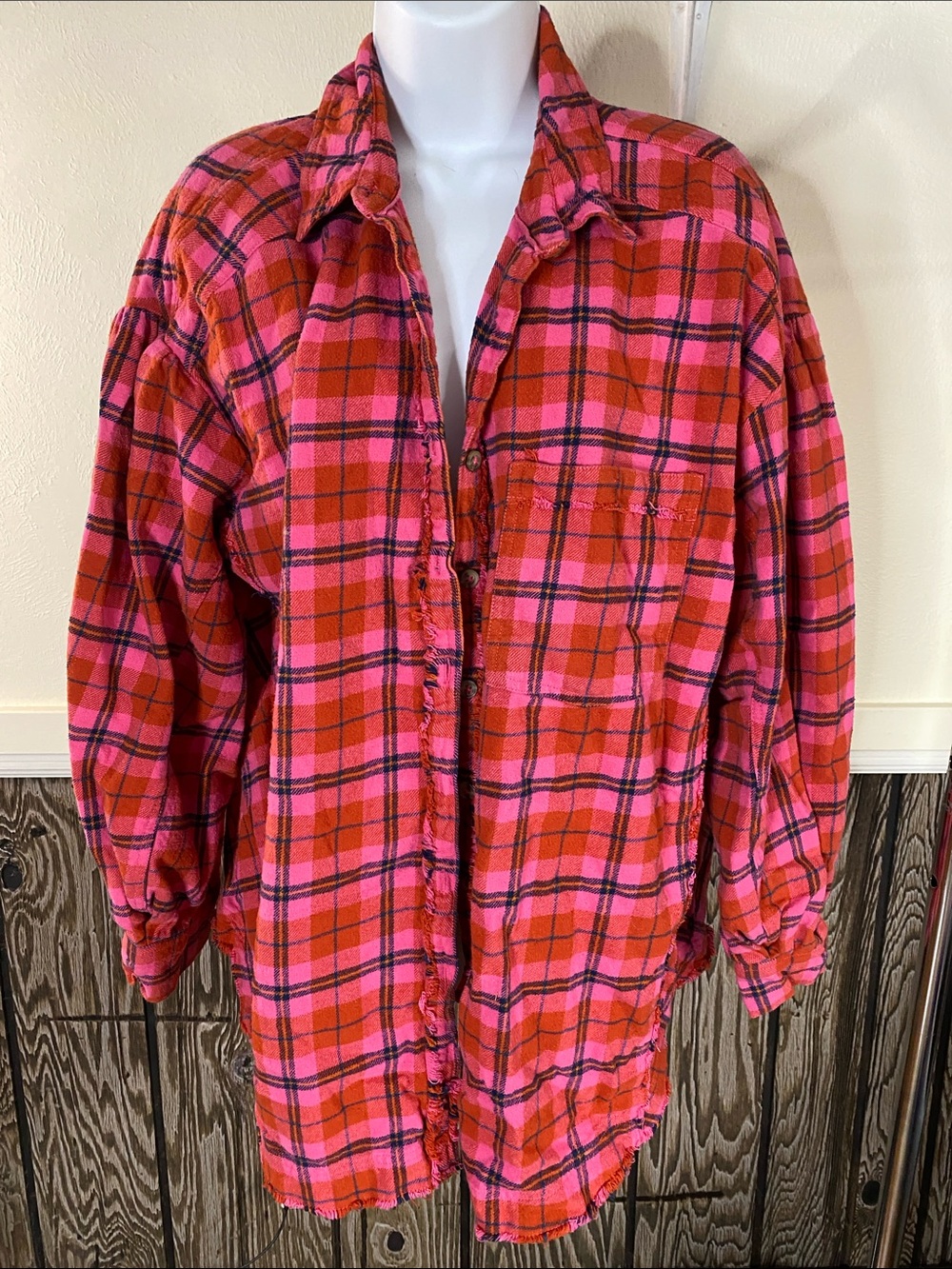 We The Free Pink and Red Plaid Button-Down Shirt